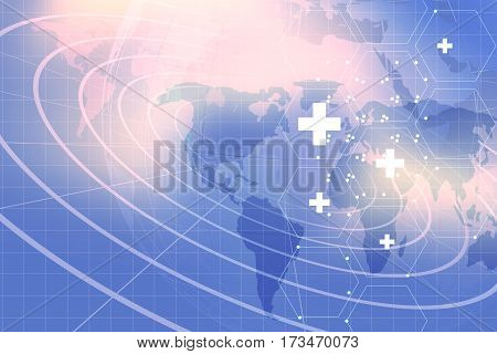 Medical Abstract Background; Suitable for Healthcare and Medical News Topic. Medical White Symbols on Hexadecimal Shapes in Front of World Map Background. 