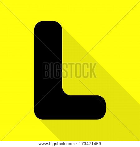 Letter L sign design template element. Black icon with flat style shadow path on yellow background.