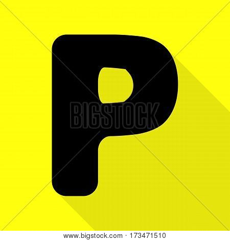 Letter P sign design template element. Black icon with flat style shadow path on yellow background.