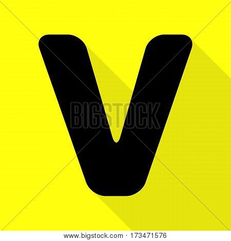 Letter V sign design template element. Black icon with flat style shadow path on yellow background.