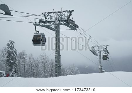 Sochi, Russia - January 21, 2017: Cabin lift 8-seater gondola type in Gorky Gorod