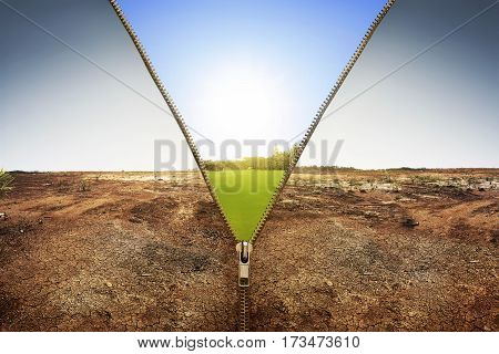 Open Zipper Showing Dry Land Landscape Changing To Green Land Landscape
