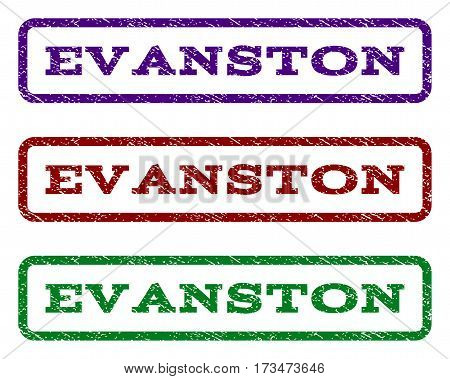 Evanston watermark stamp. Text caption inside rounded rectangle frame with grunge design style. Vector variants are indigo blue red green ink colors. Rubber seal stamp with dust texture.