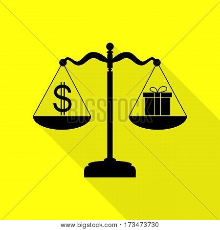 Gift and dollar symbol on scales. Black icon with flat style shadow path on yellow background.