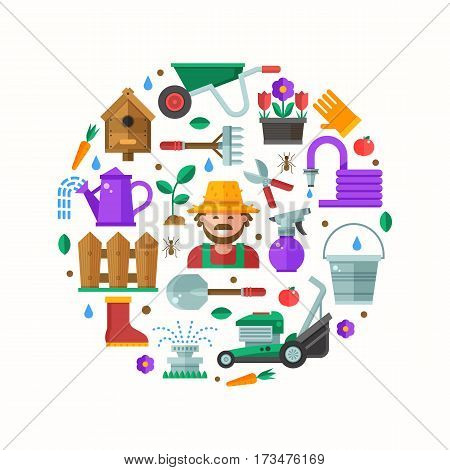 Spring gardening and landscaping icons set in circle. Growing plants elements collection with gardener, grass-cutter, wheelbarrow and other farm and garden tools. Springtime gardening card in flat.