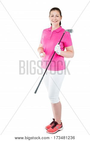 Portrait Of A Woman Golfer In Full Length With The Equipment On A White Background