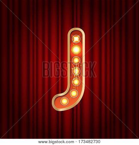 Realistic Retro Gold Lamp Bulb Font Letter J. Part Of Alphabet In Vintage Casino And Slots Style.  V