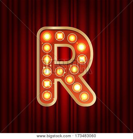 Realistic Retro Gold Lamp Bulb Font Letter R. Part Of Alphabet In Vintage Casino And Slots Style.  V