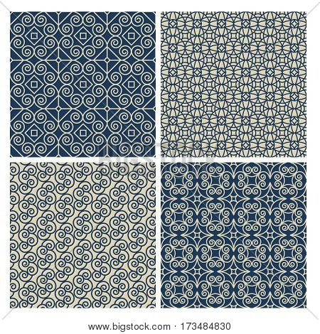 Set of blue and beige ethnic style patterns with linear swirl ornamnet. Vector illustration