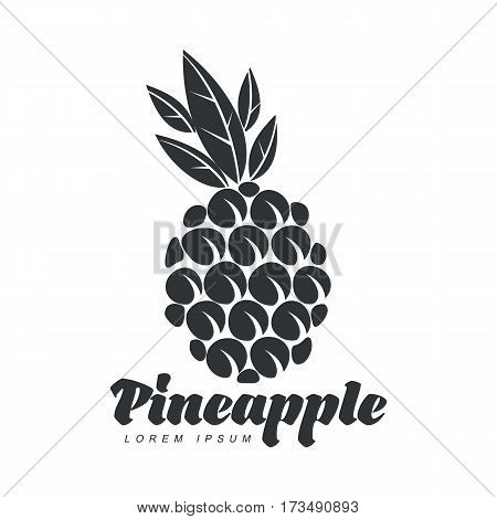 Black and white assymmetric graphic pineapple logo template, vector illustration isolated on white background. Stylized graphic pineapple logotype, logo design