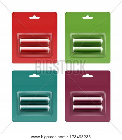 Vector Set of Red Green Turquoise Maroon Vinous Glossy Alkaline AA Batteries in Red Green Turquoise Maroon Vinous Blister Packed for branding Close up Isolated on White Background