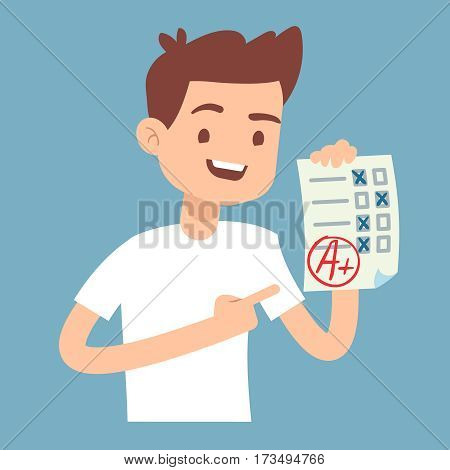 Teen student holding paper with perfect school exam test vector illustration. Student with result exam, success student education