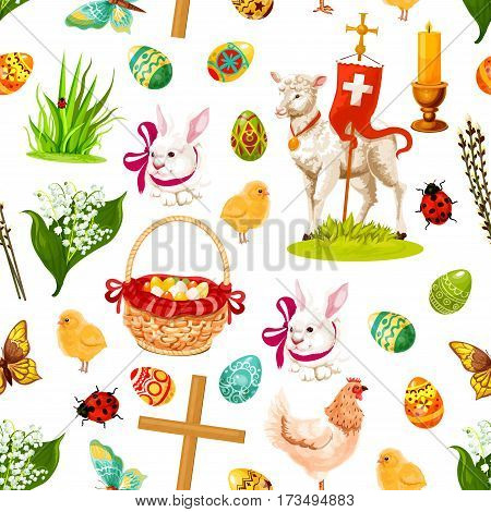 Easter holiday symbols seamless pattern background with Easter egg, rabbit bunny, spring flower, chicken, egg hunt basket, chick, lamb of God, cross, candle, butterfly, willow tree twig and ladybird