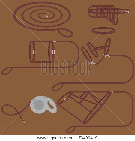 Dog walk equipment isolated icon, pet control accessory. Doggy training items lead, leash, holding. Collar, halter and headstall. Sled harness, roulette and muzzle.