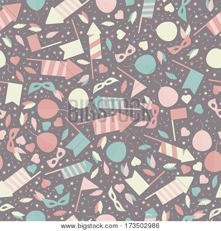 Happy Carnival Festive Seamless Pattern with Mask Firework Rocket Stars and Confetti