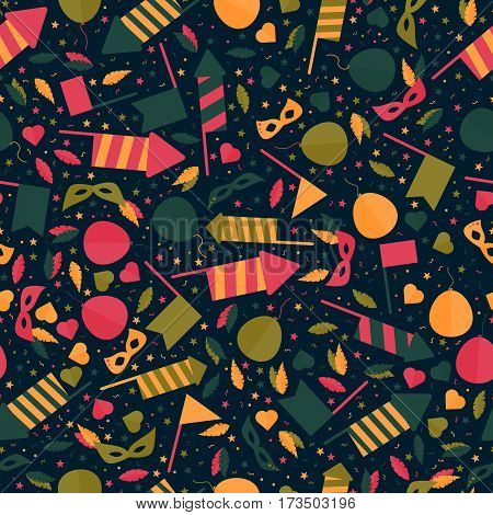 Happy Carnival Festive Seamless Pattern with Mask Firework Rocket Stars and Confetti