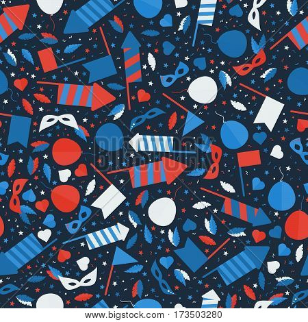 Happy Carnival Festive Seamless Pattern With Mask Firework Rocket Stars And Confetti