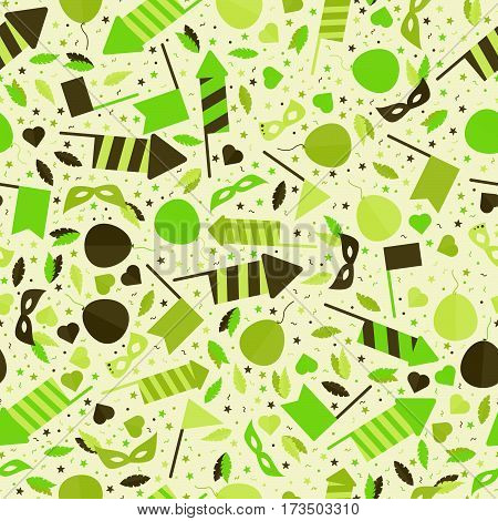 Happy Carnival Festive Seamless Pattern with Mask Firework Rocket Stars and Confetti