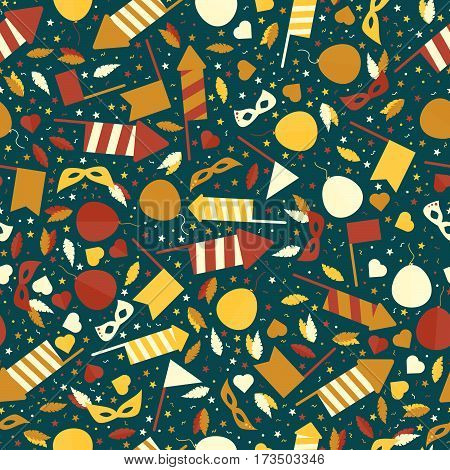 Happy Carnival Festive Seamless Pattern with Mask Firework Rocket Stars and Confetti