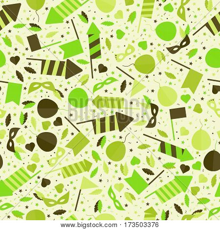 Happy Carnival Festive Seamless Pattern With Mask Firework Rocket Stars And Confetti