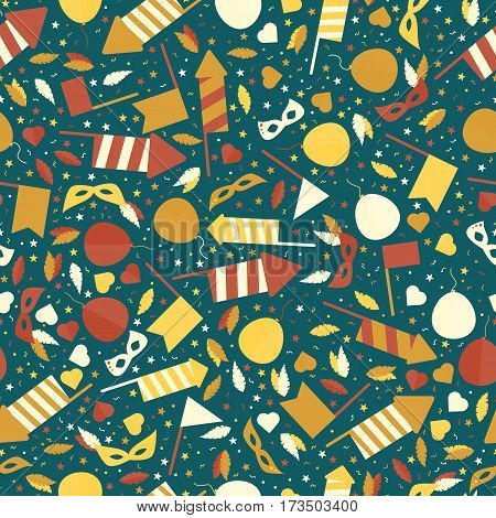 Happy Carnival Festive Seamless Pattern With Mask Firework Rocket Stars And Confetti