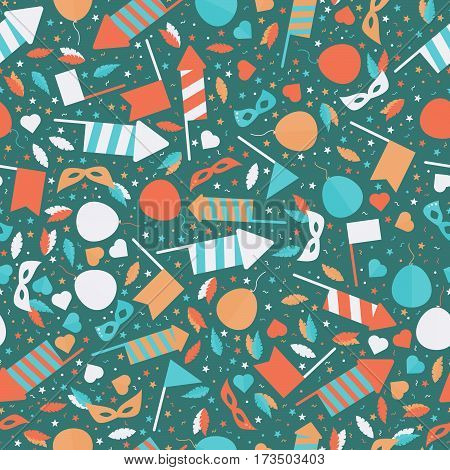 Happy Carnival Festive Seamless Pattern With Mask Firework Rocket Stars And Confetti