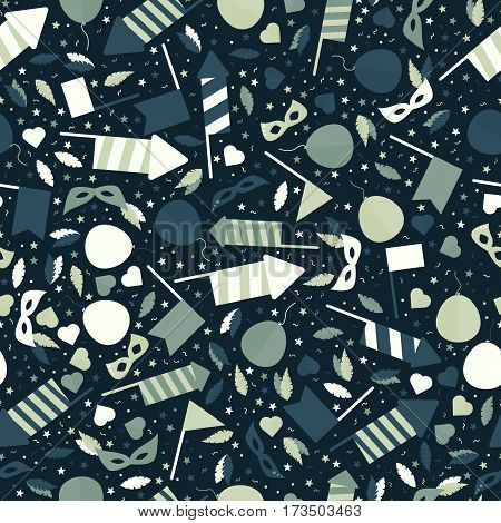 Happy Carnival Festive Seamless Pattern with Mask Firework Rocket Stars and Confetti