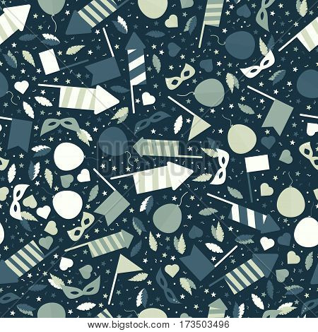 Happy Carnival Festive Seamless Pattern with Mask Firework Rocket Stars and Confetti