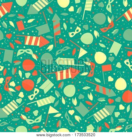 Happy Carnival Festive Seamless Pattern with Mask Firework Rocket Stars and Confetti