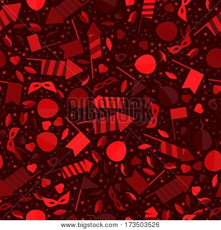 Happy Carnival Festive Seamless Pattern with Mask Firework Rocket Stars and Confetti