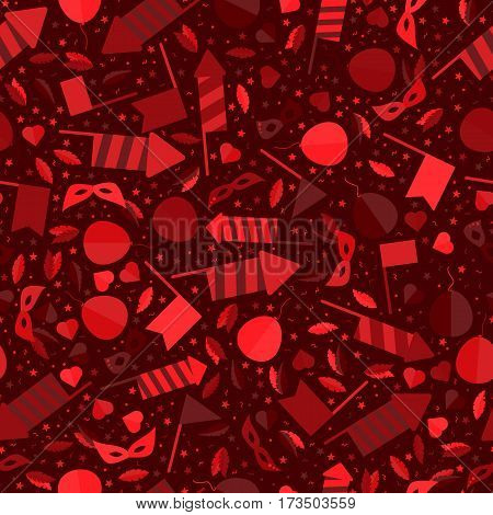Happy Carnival Festive Seamless Pattern with Mask Firework Rocket Stars and Confetti