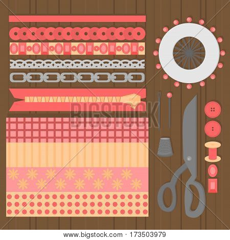 Sewing workshop equipment. Flat tailor shop design elements. Tailoring industry dressmaking tools icons. Fashion designer sew items top view.
