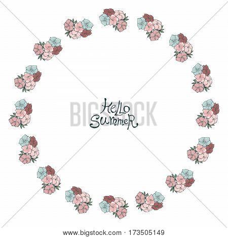 Floral frame with gentle pink flowers. Nature circle hand drawn border on white background. Vector decoration arranged in a shape of wreath