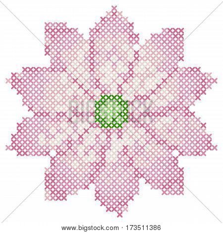 Cross stitch lotus on isolated on white background. Vector picture for embroidery or needlework. Modern tattoo. Pattern for scheme about 40x40 sells and 7 colors.