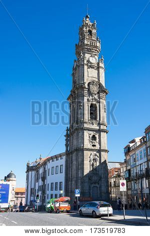 PORTO PORTUGAL - OCTOBER 20 2015: The Clerigos Church is a Baroque church in the city of Porto Portugal. Its tall bell tower the Torre dos Clerigos can be seen from various points of the city and is one of its most characteristic symbols