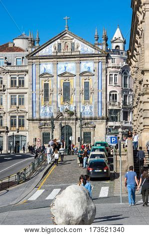 PORTO PORTUGAL - OCTOBER 20 2015: Church of Saint Antony of Congregados - Igreja de Santo Antonio dos Congregados built in 1703 and covered with typical Portuguese blue tiles called Azulejos Porto Portugal