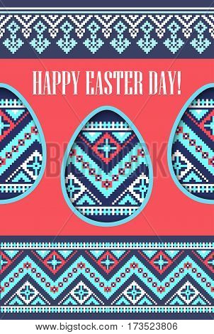 Holiday spring greeting card. Eggs paper cut and headline Happy Easter on tribal pixel background from national ornament. Vector illustration.