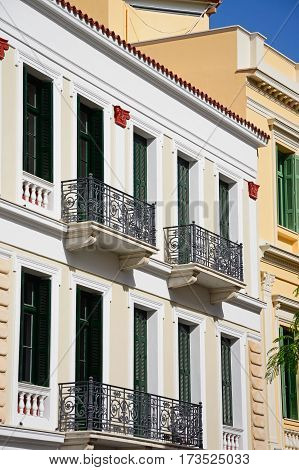 Greek building with wrought iron balconies in the city centre Heraklion Crete Greece Europe.
