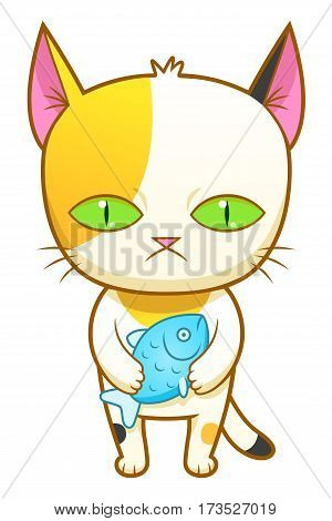 Cute calico kitten holding little fish. Vector illustration.