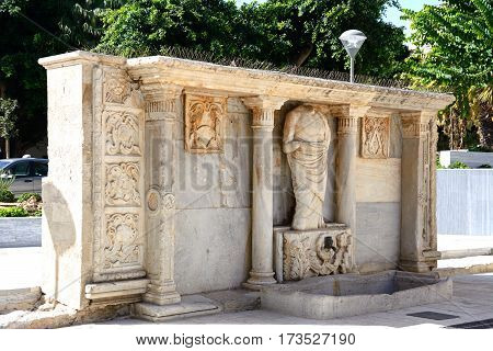 View of the Venetian Bembo fountain in Kornarou square Heraklion Crete Greece Europe.