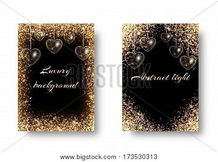 Heart pattern background with shining light. Sequins texture on a black backdrop. Design for a card on Valentine's Day