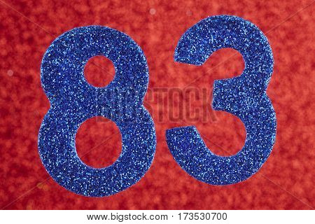Number eighty-three blue color over a red background. Anniversary. Horizontal