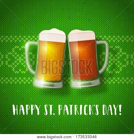 Beer mugs on a knit pattern. St. Patrick's day greeting card with hand drawn lettering and green sweater texture. Shamrock knit background.