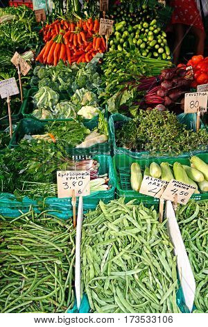 Fresh vegetables for sale on a market stall in the city centre Heraklion Crete Greece Europe.