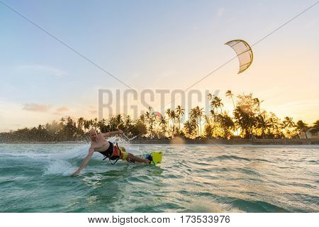 Kiteboarding. Fun in the ocean. Extreme Sport Kitesurfing