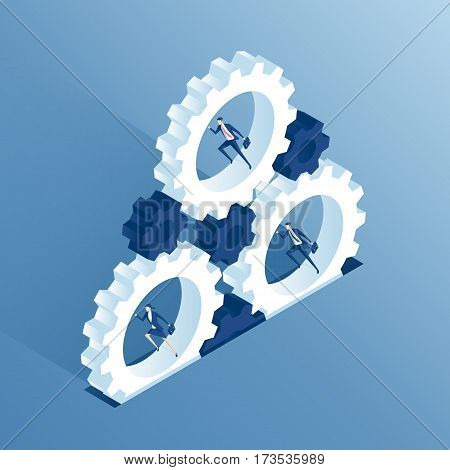 Isometric business people run inside the gears and thereby causing the mechanism to work. Businessmen running inside cogwheels thereby rotating them. Business concept teamwork and the system