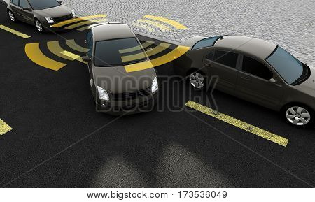 Autonomous cars on a road with visible connection, 3d rendering