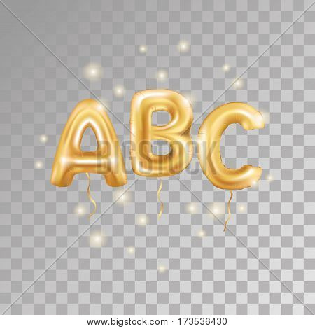 ABC gold letter balloons on transparent background. Golden alphabet balloon logotype, icon. Metallic Gold ABC Balloons. Text for children's reading, hornbook, Letter, holiday, birthday, celebration.