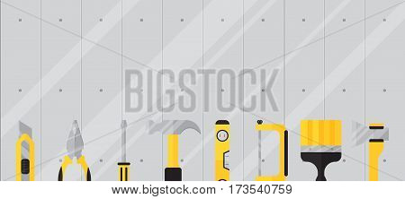 Construction tool on metallic background. Flat vector illustration for web design. Colorful horizontal banner for web site. Knife, brush, hammer and other tool on gray background.