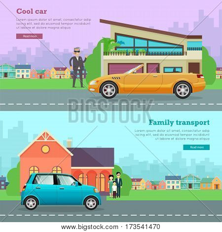 Transport. Collection of two icons with different means of transportation. Picture of isolated cool cabriolet on road near man and house. Cheap family small car near house with relatives. Vector